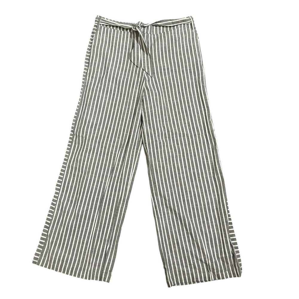 Suzanne Betro Grey-Green White Striped Cotton Linen Wide Leg Tie Waist Pants 3X